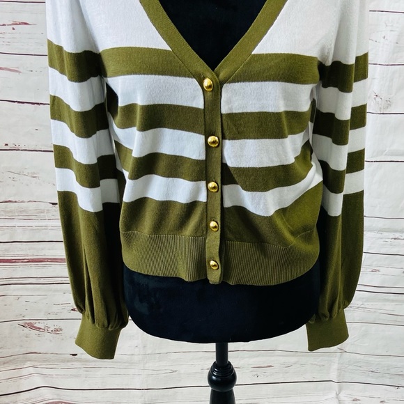 Michael Kors Sweater Women’s Medium Olive White Cardigan Striped Long Sleeve. - Picture 3 of 12